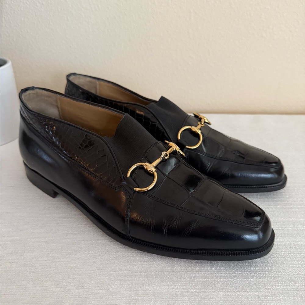 R.Martegani for CUZZENS Black Croc
Leather Dressy Loafers with Gold Buckle Italy